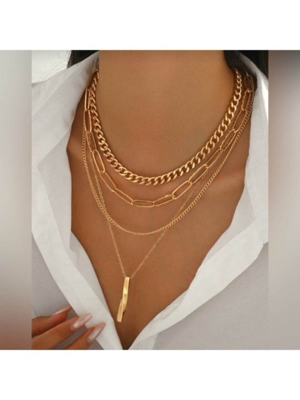 Gold Tone Layered Chain Necklace Set 4PC Cuban Paperclip Pendant Stack - Picture 2 of 3